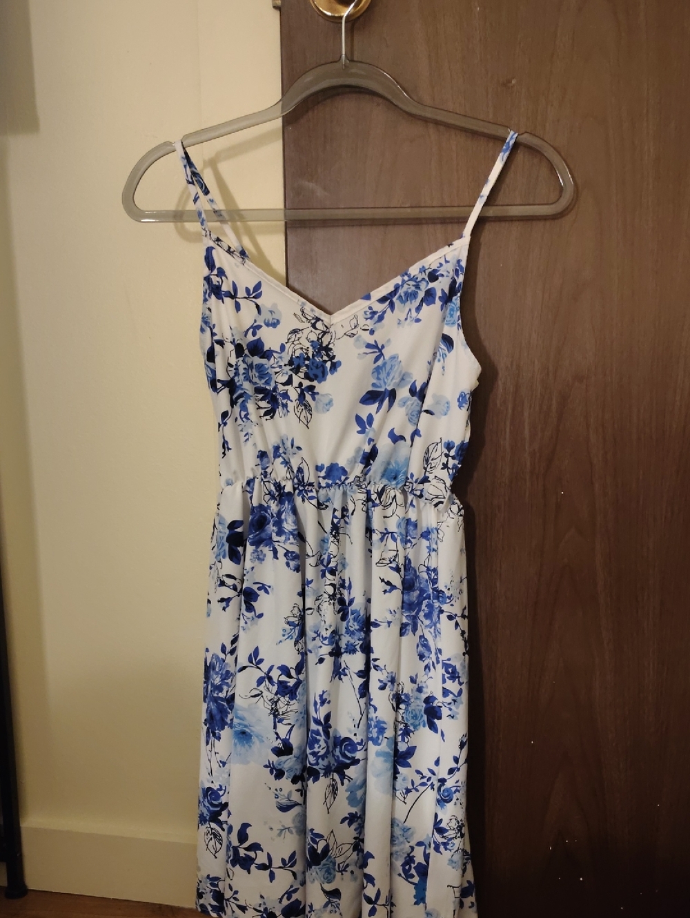 White and Blue Floral Spaghetti-Strap Dress